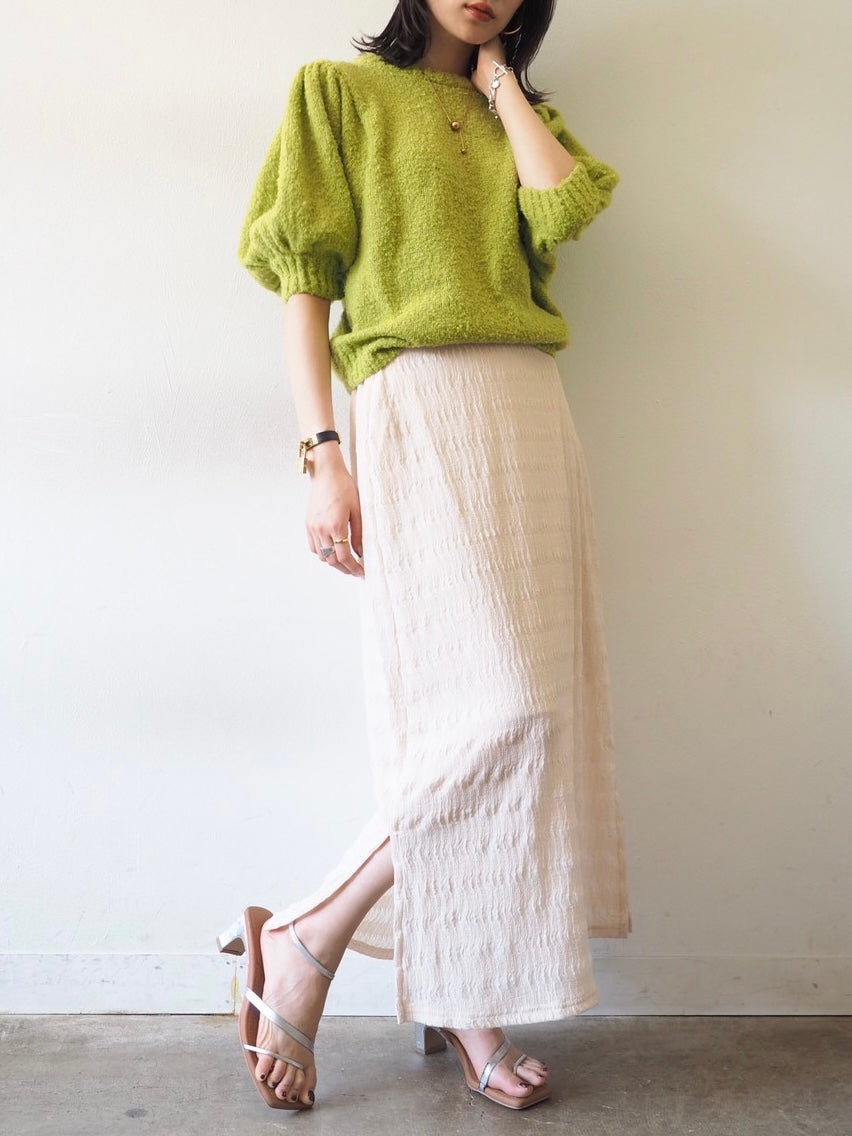 [Pre-order] Volume Sleeve Boucle Knit Top/Green