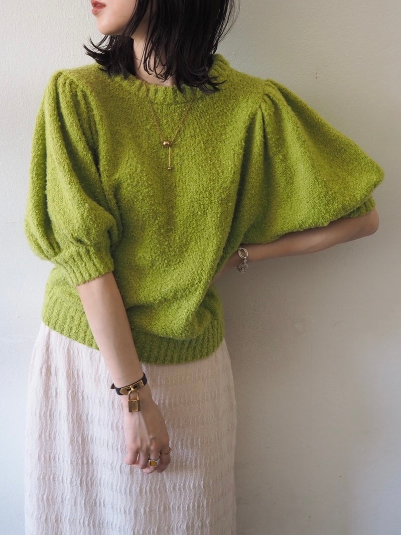 [Pre-order] Volume Sleeve Boucle Knit Top/Green