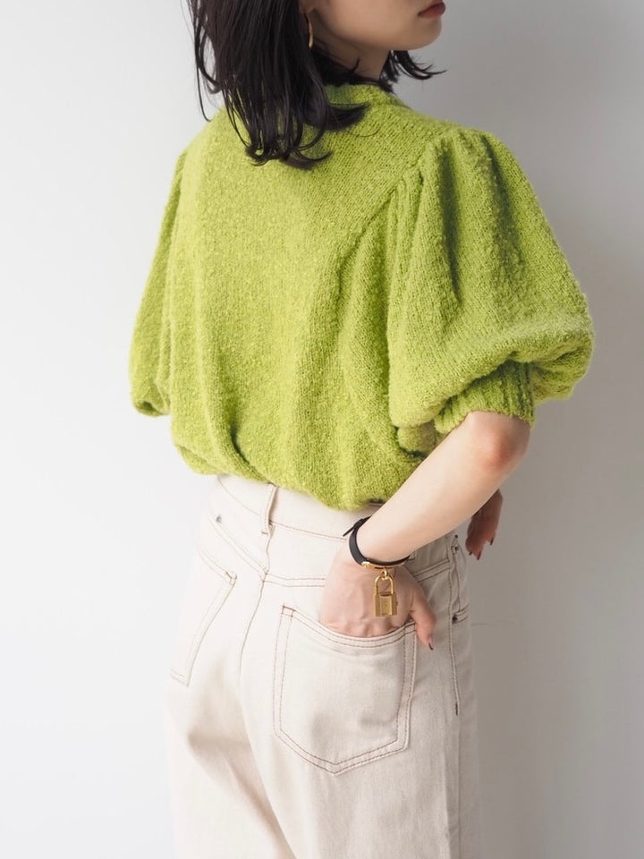 [Pre-order] Volume Sleeve Boucle Knit Top/Green