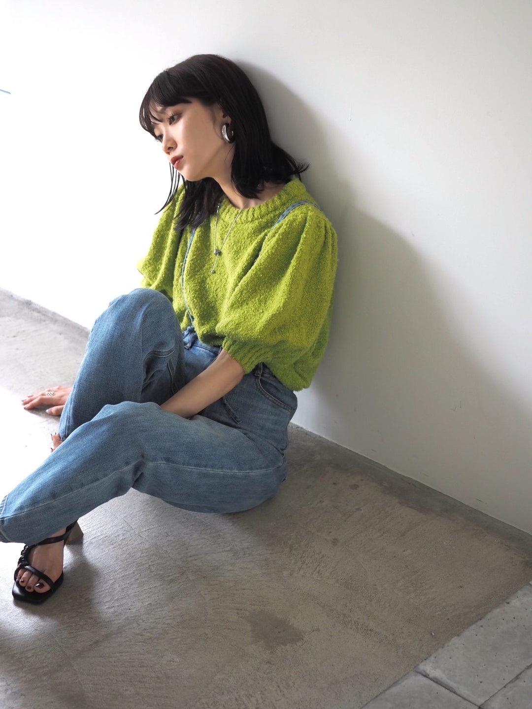 [Pre-order] Volume Sleeve Boucle Knit Top/Green