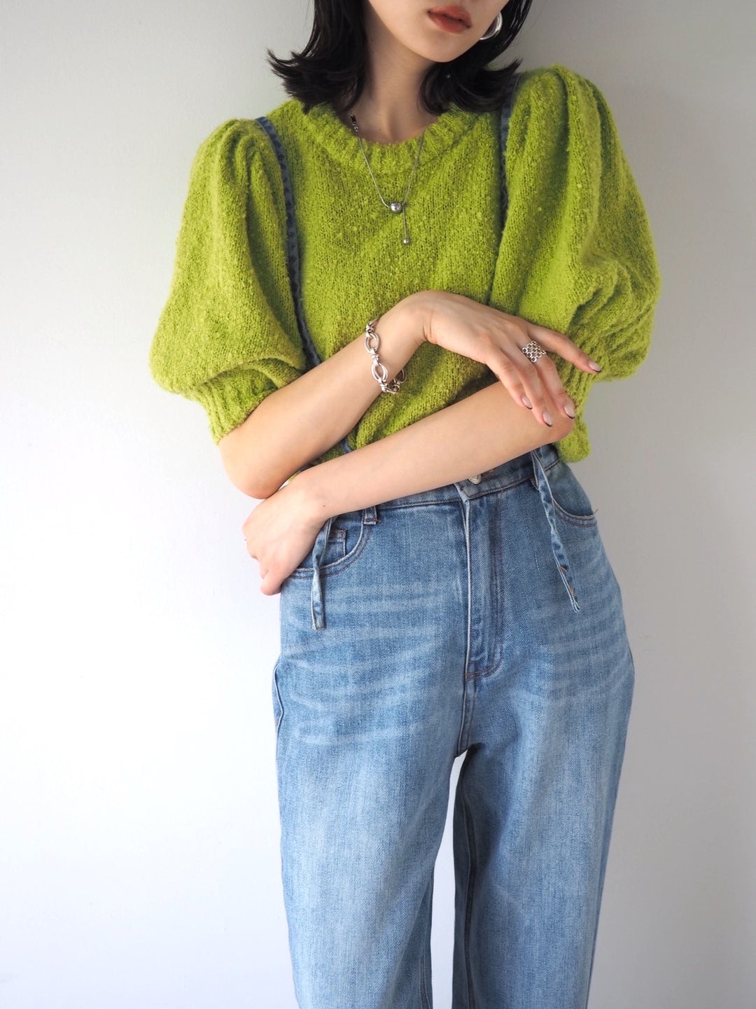 [Pre-order] Volume Sleeve Boucle Knit Top/Green