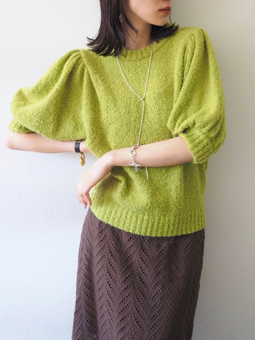 [Pre-order] Volume Sleeve Boucle Knit Top/Green