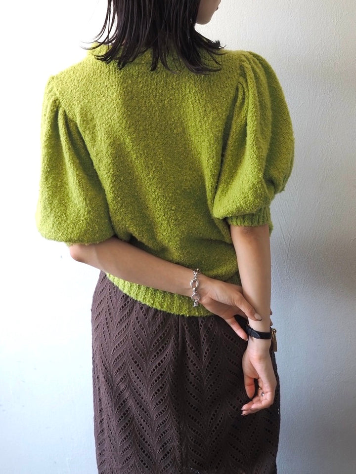 [Pre-order] Volume Sleeve Boucle Knit Top/Green