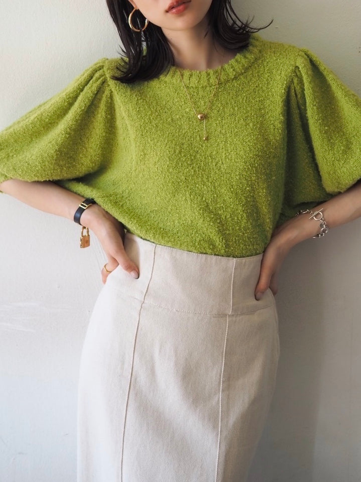 [Pre-order] Volume Sleeve Boucle Knit Top/Green