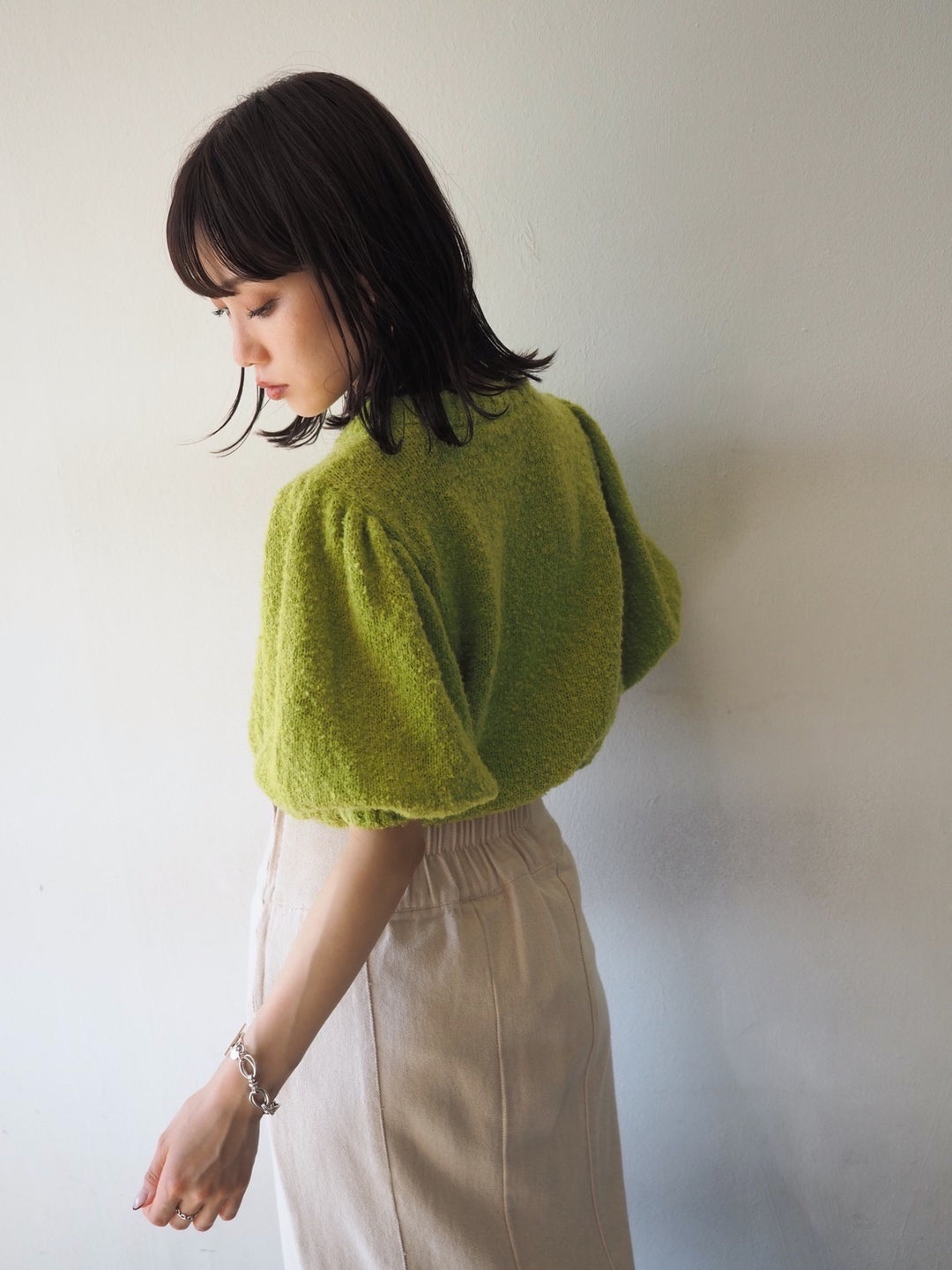 [Pre-order] Volume Sleeve Boucle Knit Top/Green