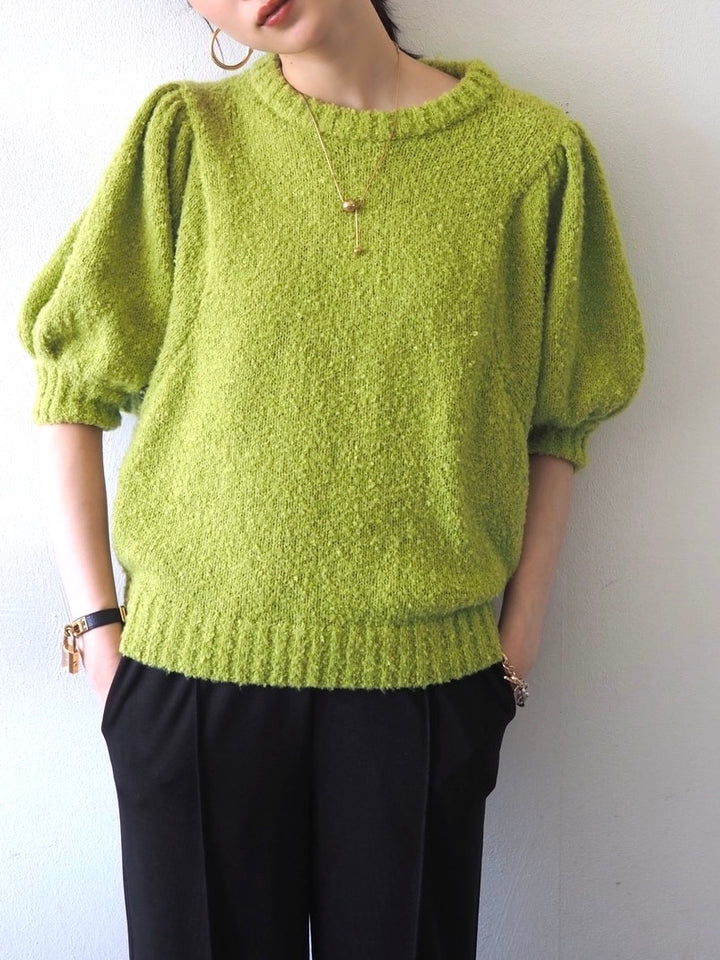 [Pre-order] Volume Sleeve Boucle Knit Top/Green