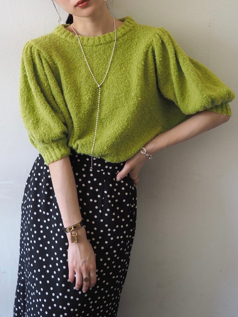 [Pre-order] Volume Sleeve Boucle Knit Top/Green