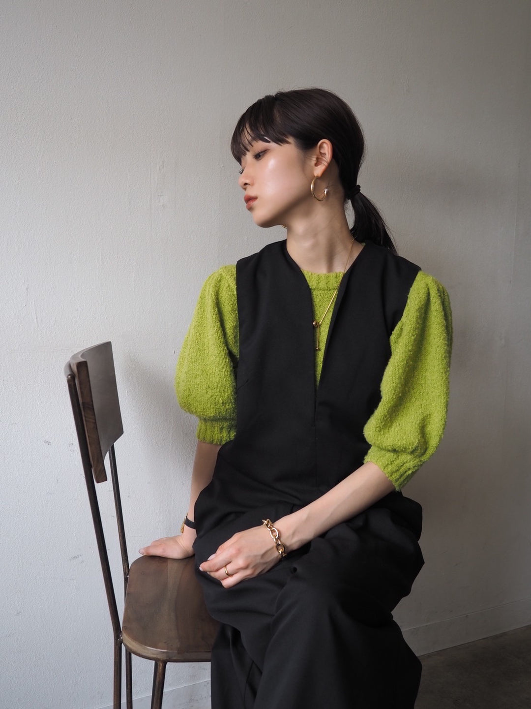 [Pre-order] Volume Sleeve Boucle Knit Top/Green