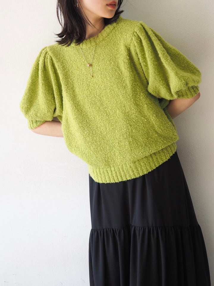 [Pre-order] Volume Sleeve Boucle Knit Top/Green