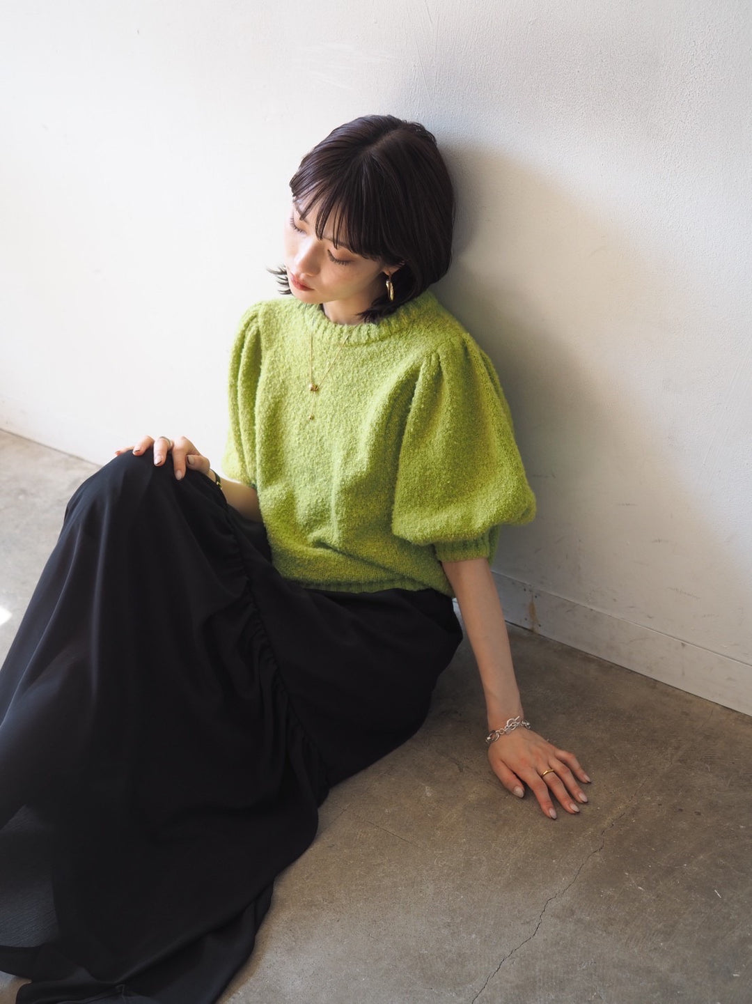 [Pre-order] Volume Sleeve Boucle Knit Top/Green