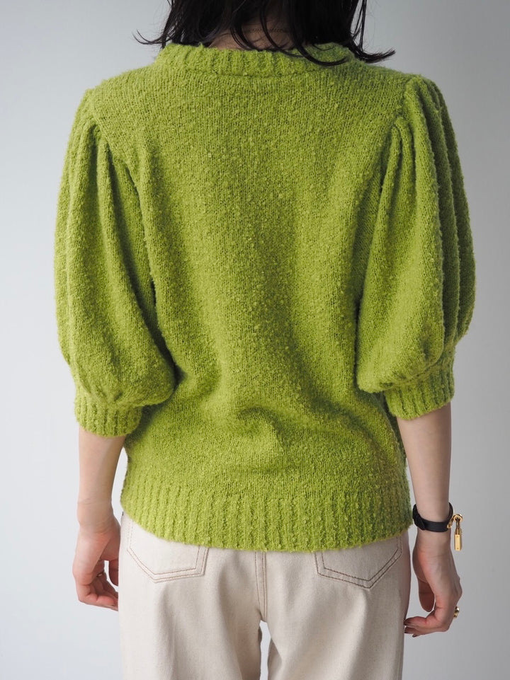 [Pre-order] Volume Sleeve Boucle Knit Top/Green