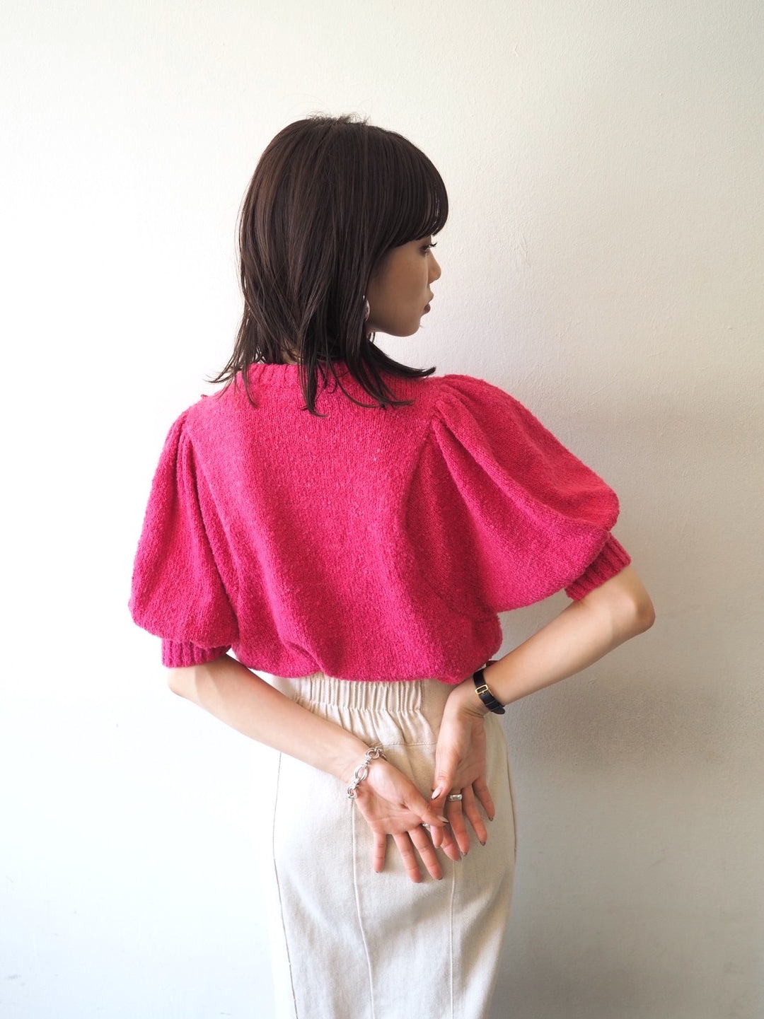 [Pre-order] Volume Sleeve Boucle Knit Top/Pink