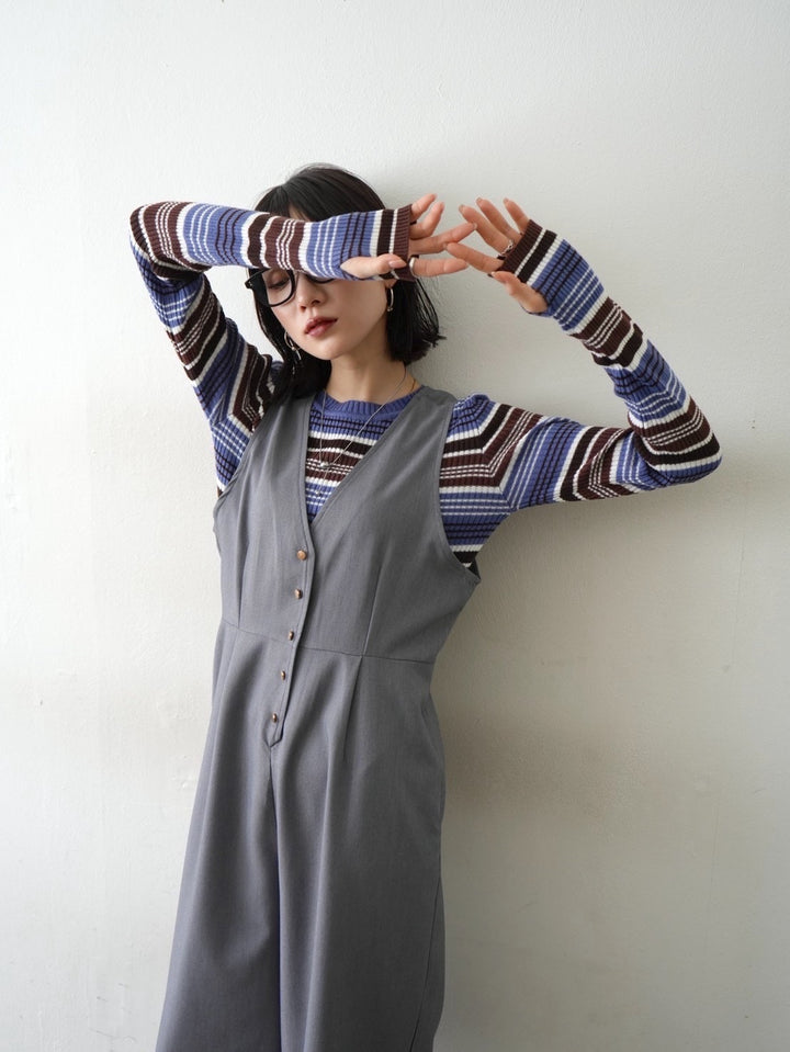 Finger hole rib knit top/blue brown