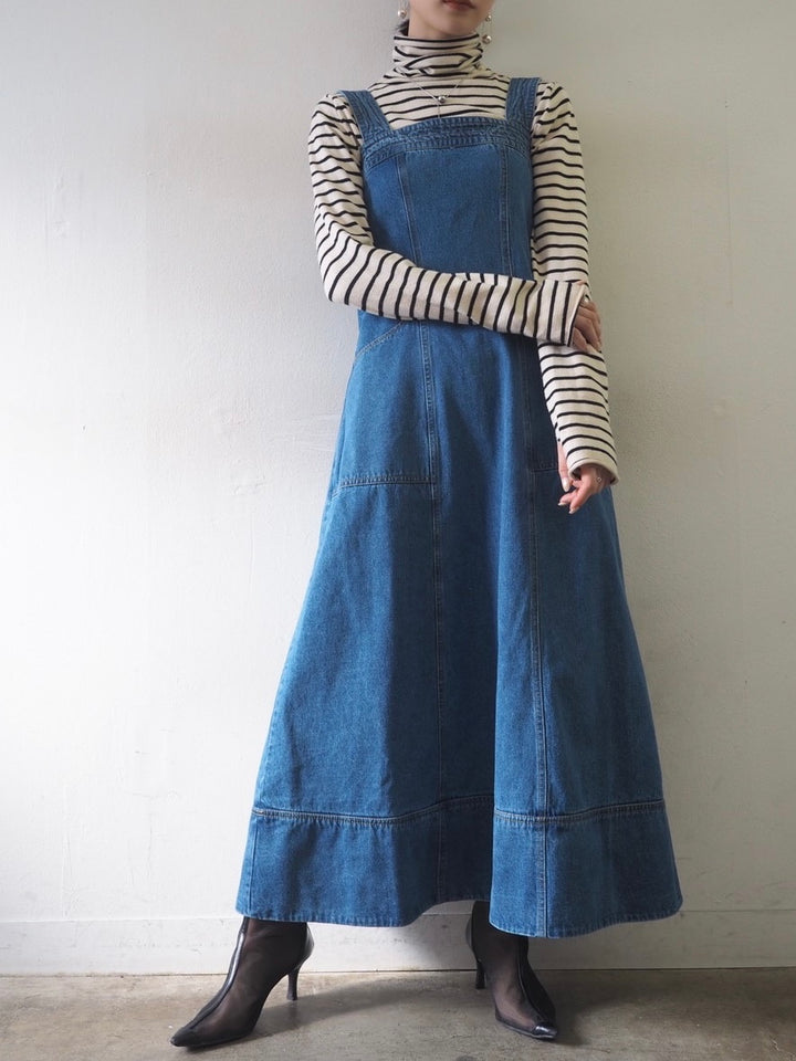 [Pre-order color combination stitch design denim jumper skirt/blue