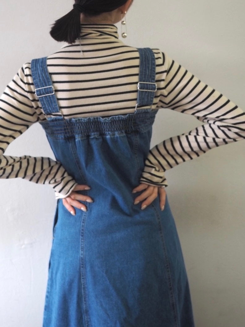 [Pre-order color combination stitch design denim jumper skirt/blue