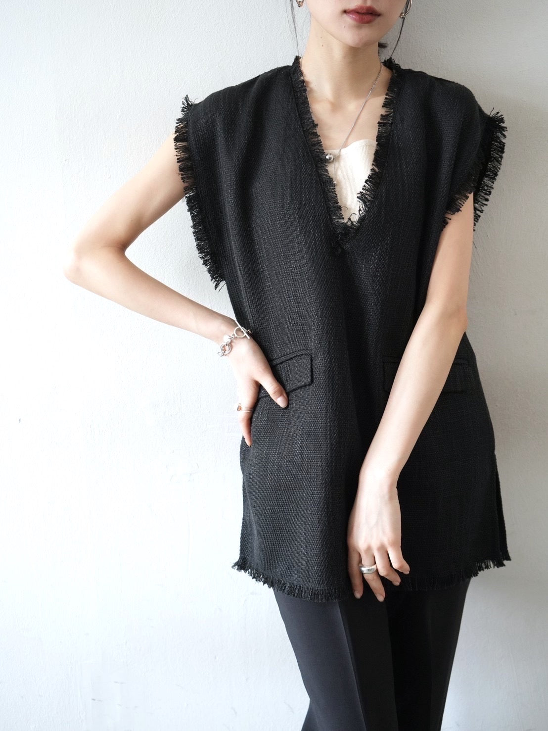 ツイードフリンジVネックベスト/ブラック – Lumier