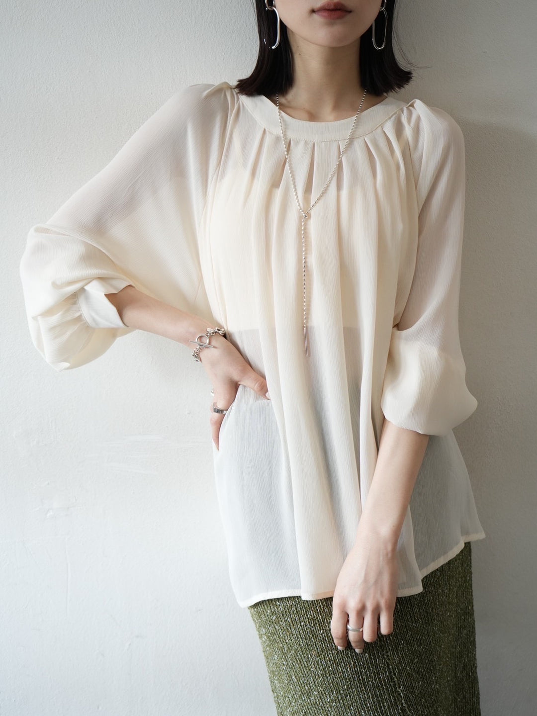 [Pre-order] Linen-touch nep knit tight skirt/khaki
