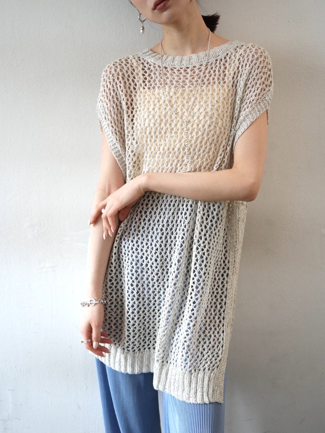 Mixed yarn summer mesh knit tunic/ivory
