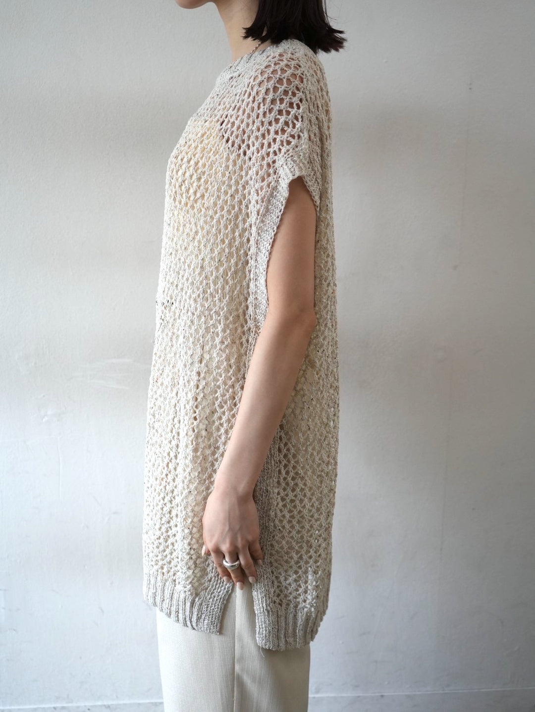 Mixed yarn summer mesh knit tunic/ivory