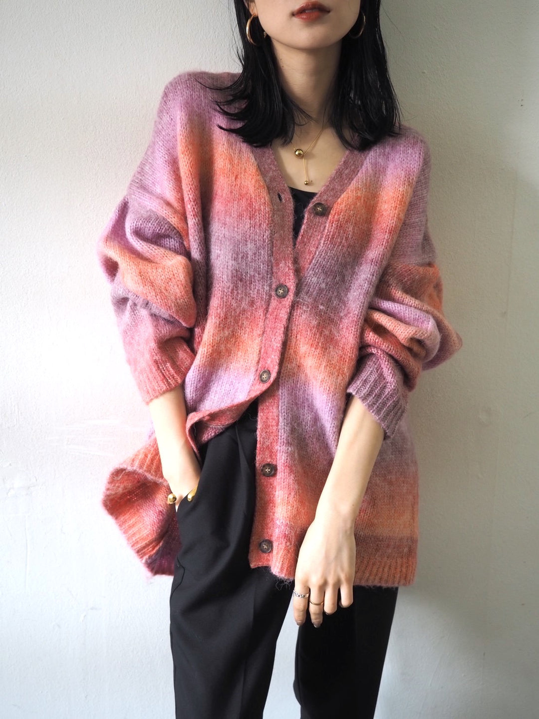 [予約]グラデーションオーバーシャギーニットカーディガン/ピンク