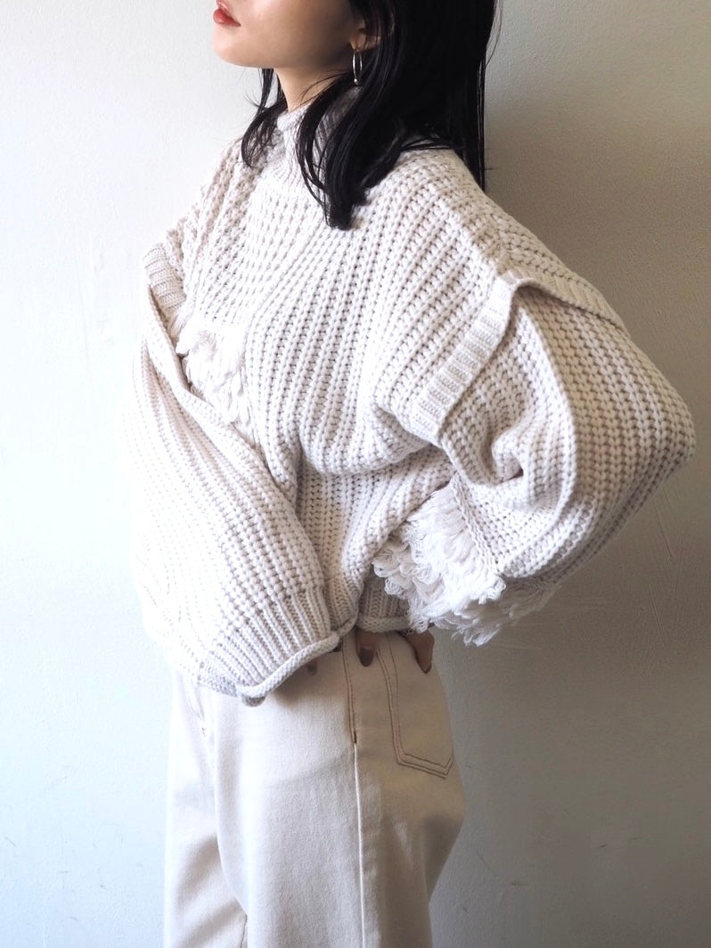 ニット　アイボリー 予約]ボトルネックループ編みデザインニット/アイボリー – Lumier