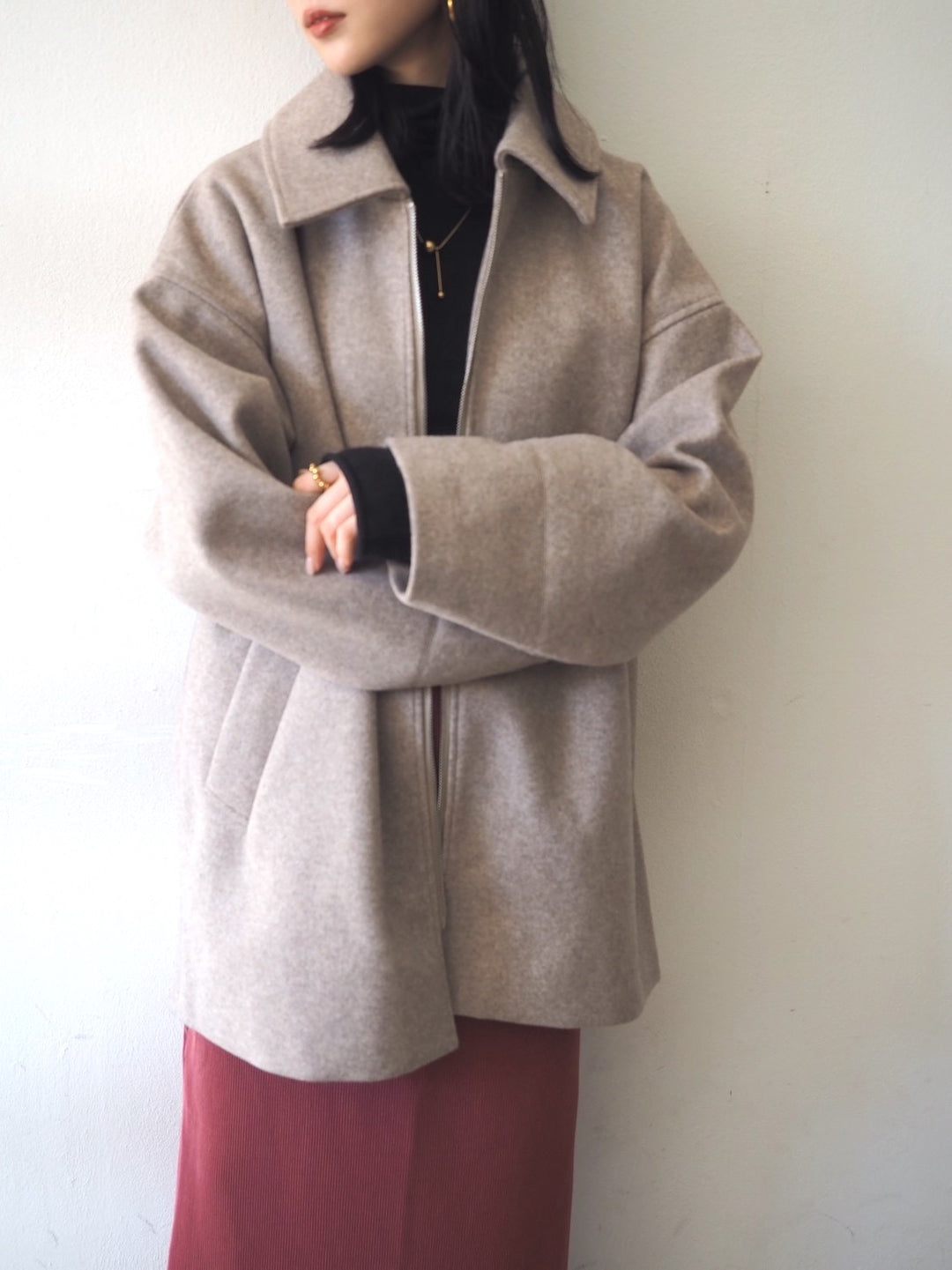 【預訂】羊毛觸感拉鍊襯衫外套/摩卡