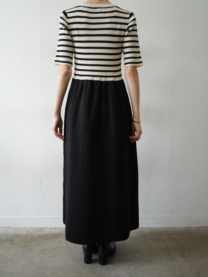 [Pre-order] Half-sleeve polyester knit dress/striped
