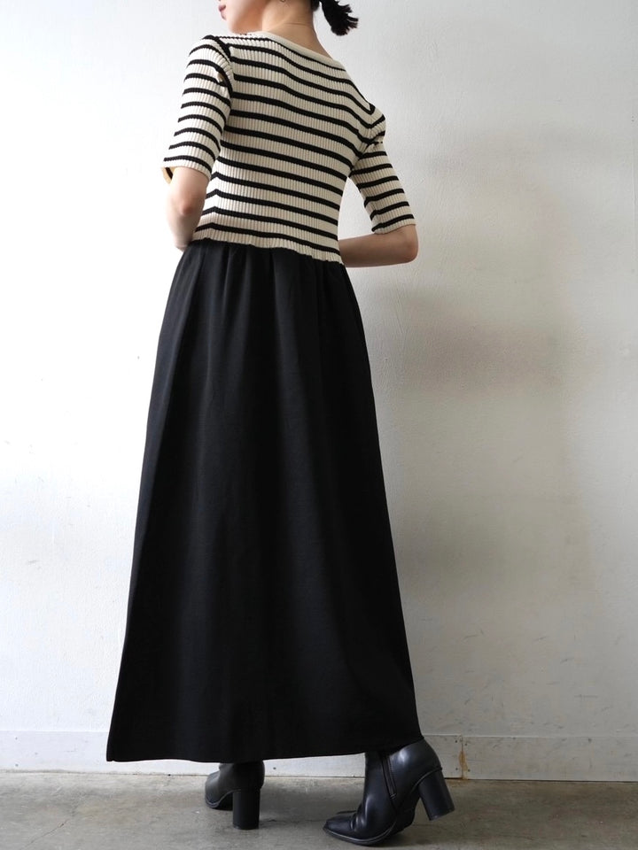 [Pre-order] Half-sleeve polyester knit dress/striped
