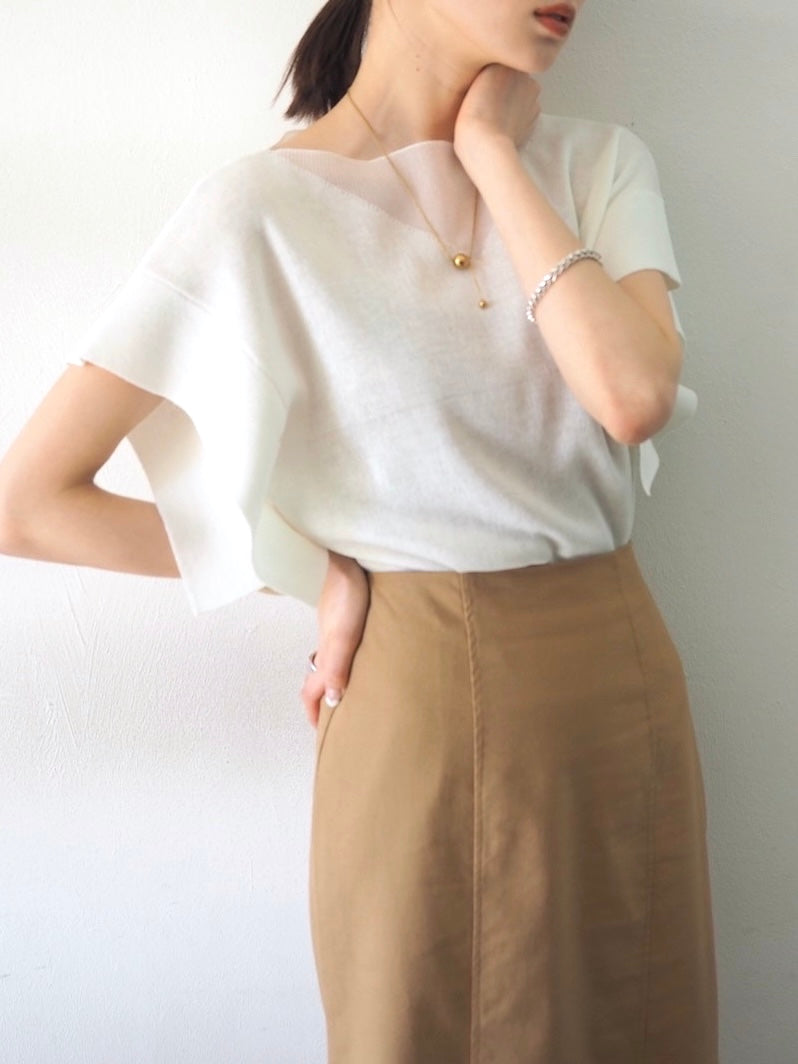 [Ready to ship] Mixed material flare French sleeve knit/off-white
