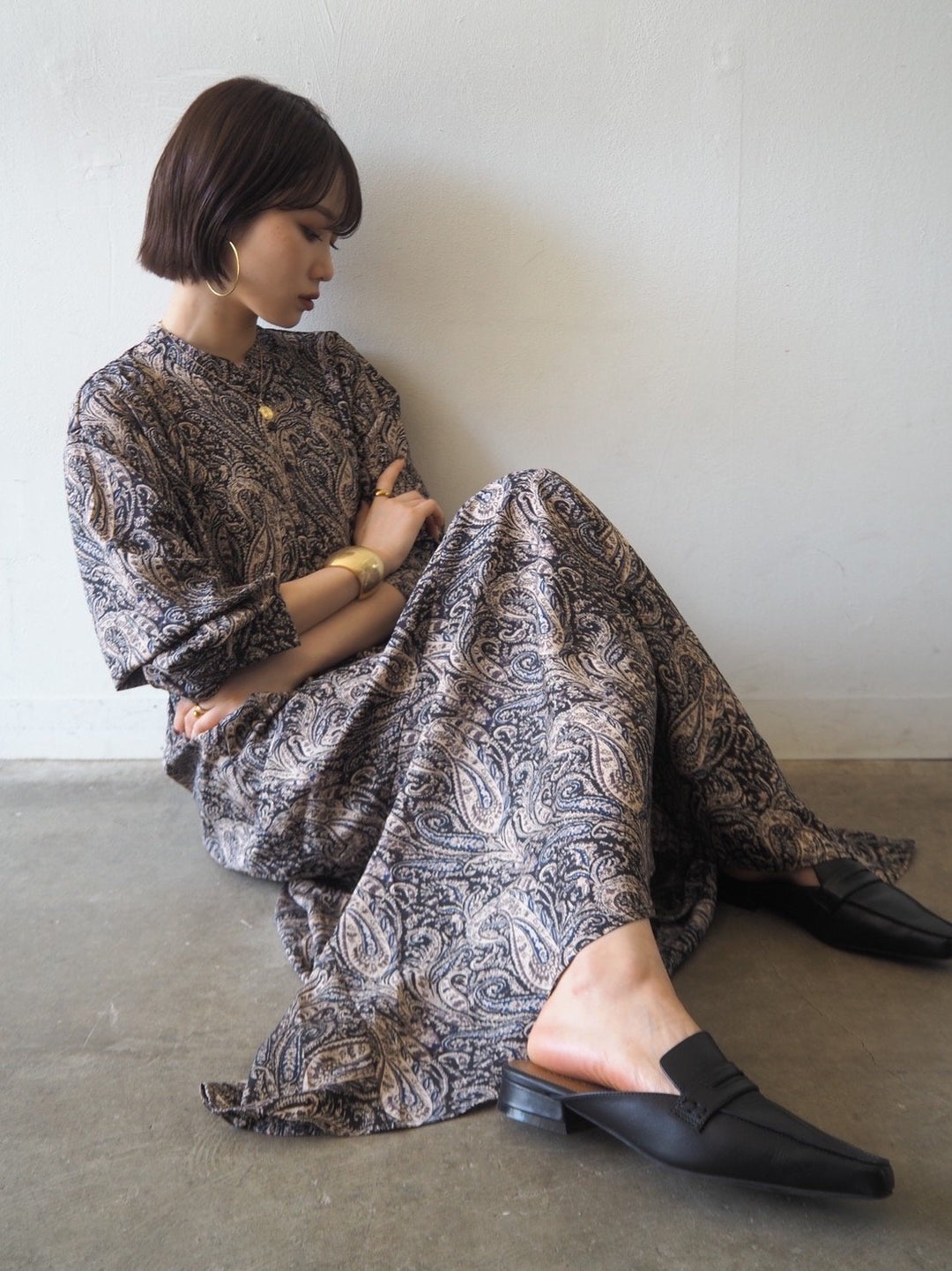 [予約]ペイズリー柄マキシワンピース/ブラック