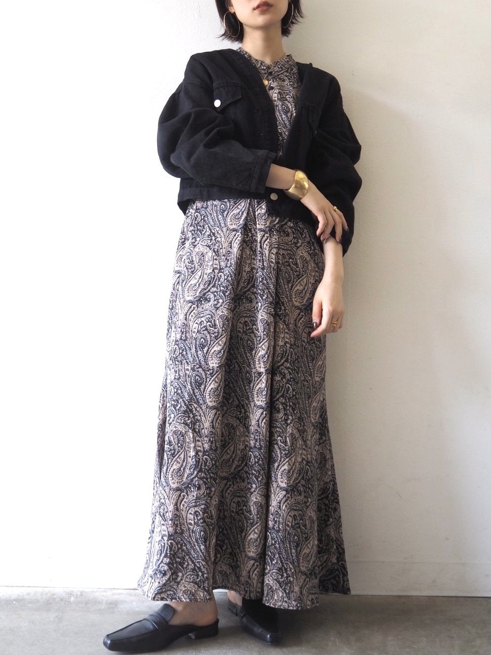 [予約]ペイズリー柄マキシワンピース/ブラック
