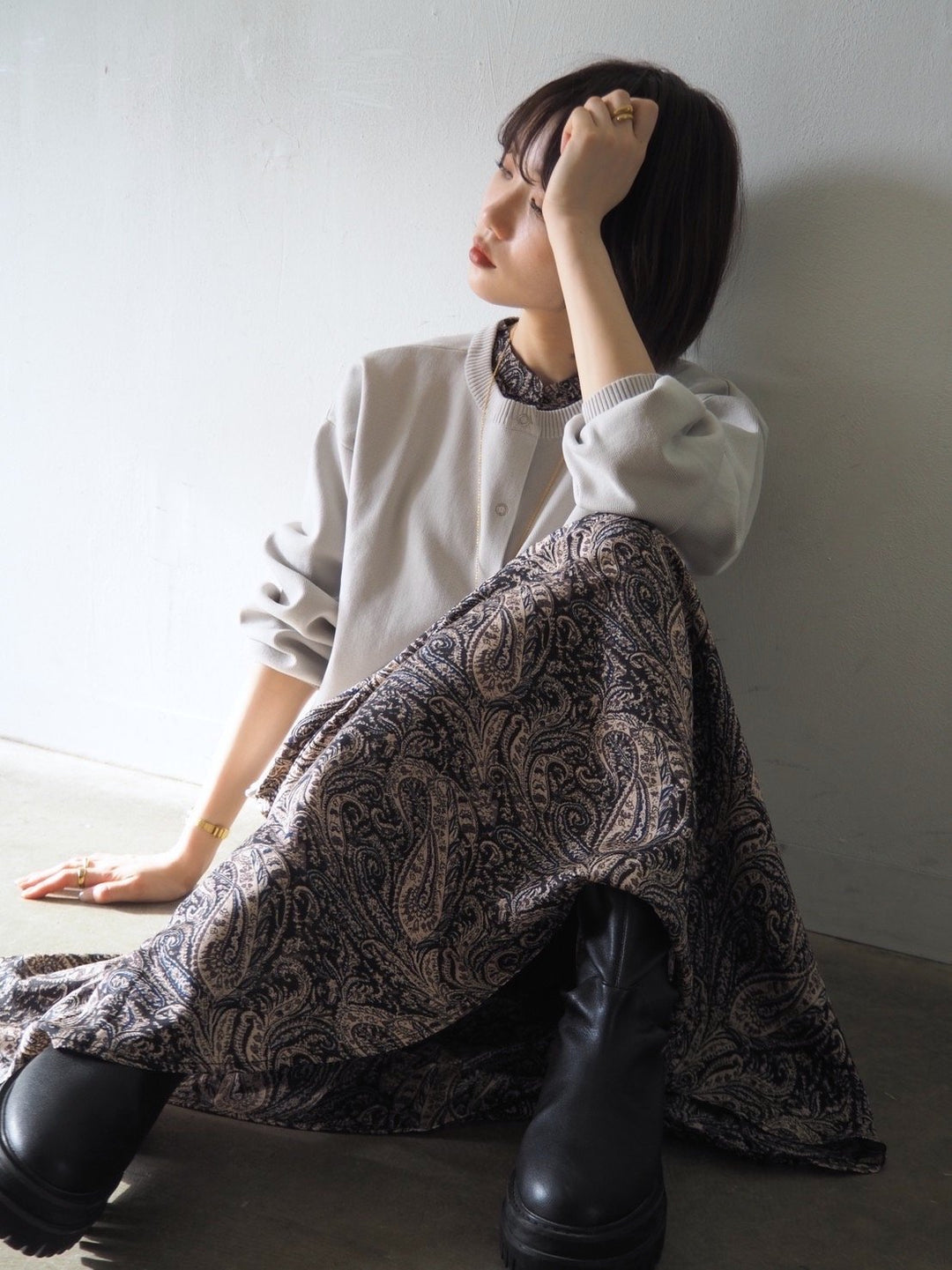 [予約]ペイズリー柄マキシワンピース/ブラック