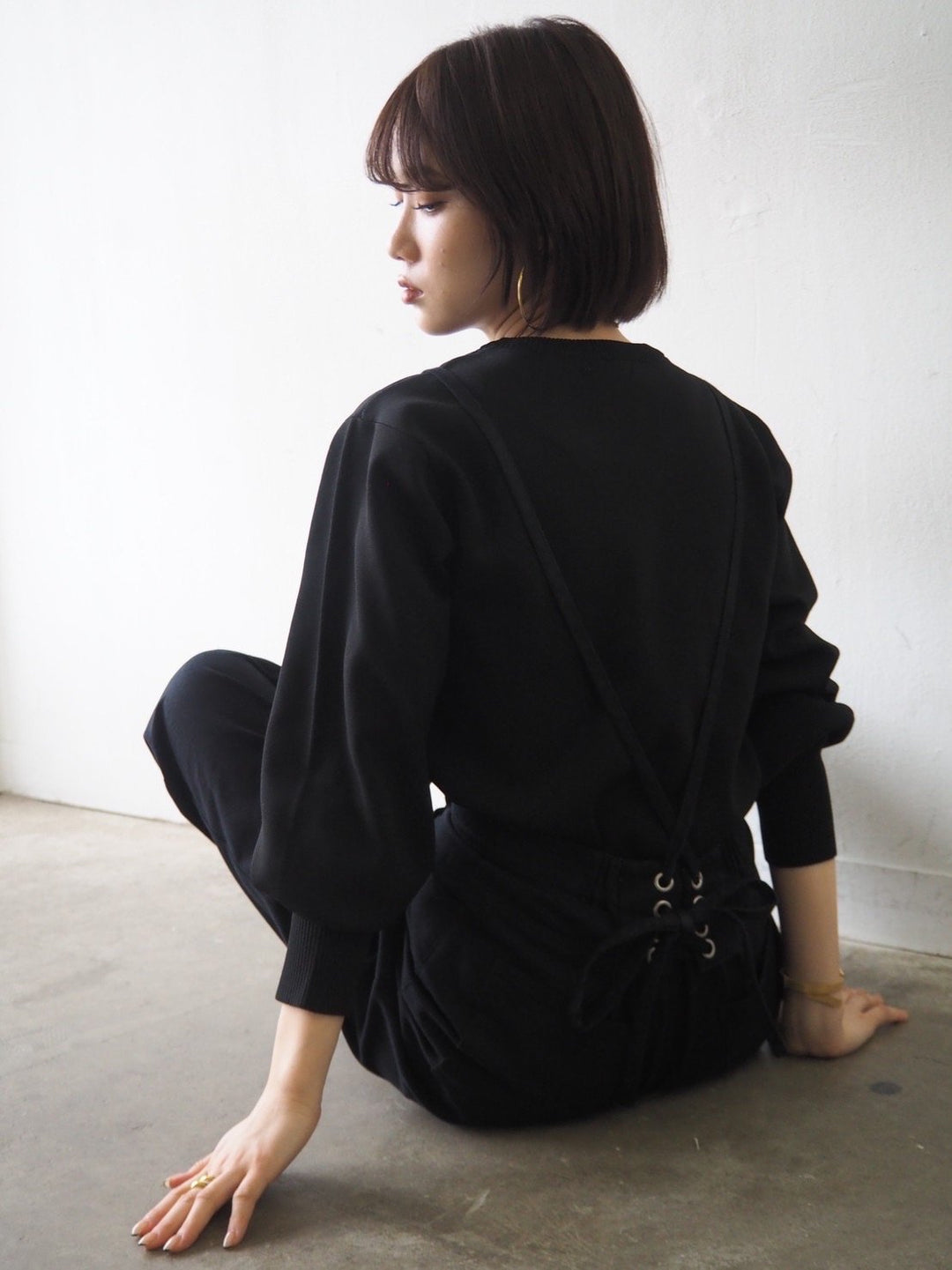 [即納]ボリュームスリーブダンボールニットプルオーバー/ブラック