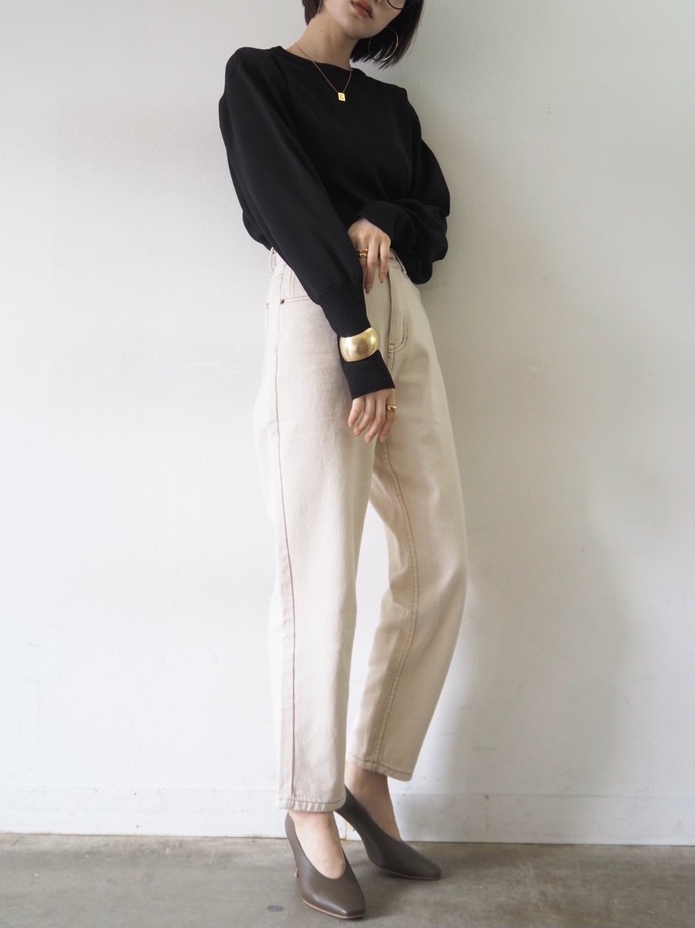 [即納]ボリュームスリーブダンボールニットプルオーバー/ブラック