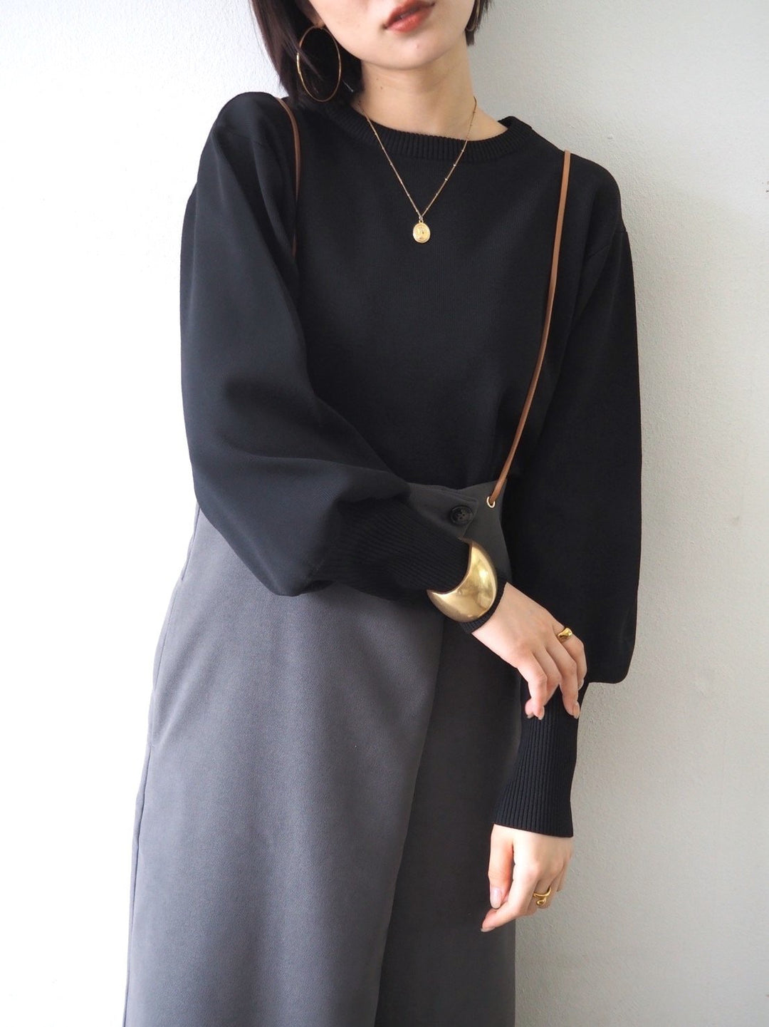 [即納]ボリュームスリーブダンボールニットプルオーバー/ブラック