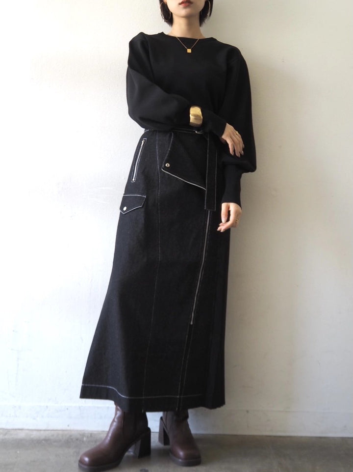 [即納]ボリュームスリーブダンボールニットプルオーバー/ブラック