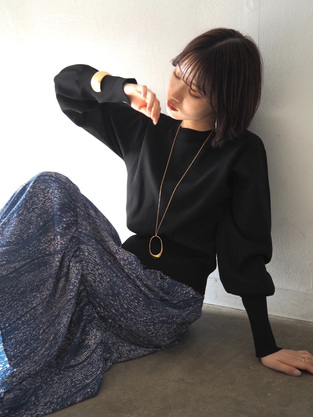 [即納]ボリュームスリーブダンボールニットプルオーバー/ブラック