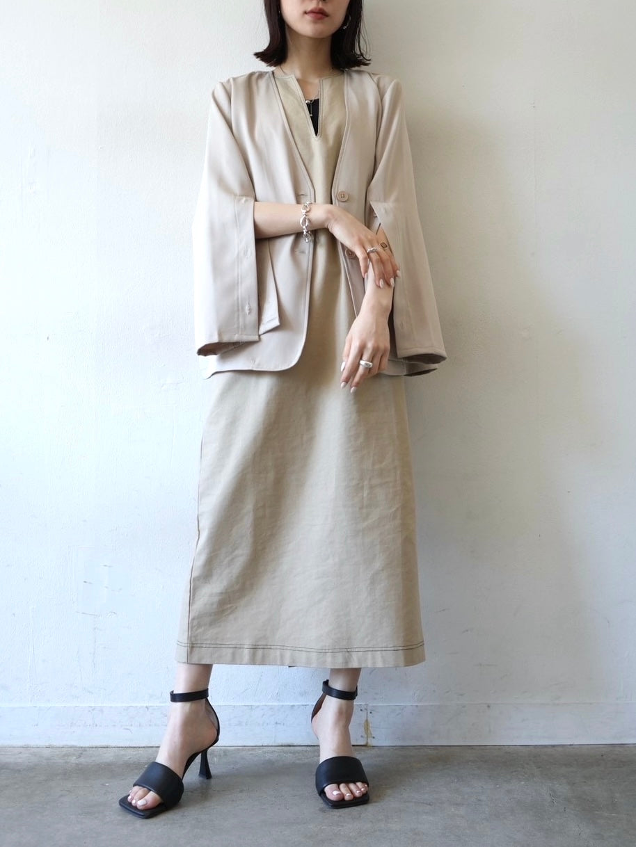 Cotton linen color combination stitch dress / beige