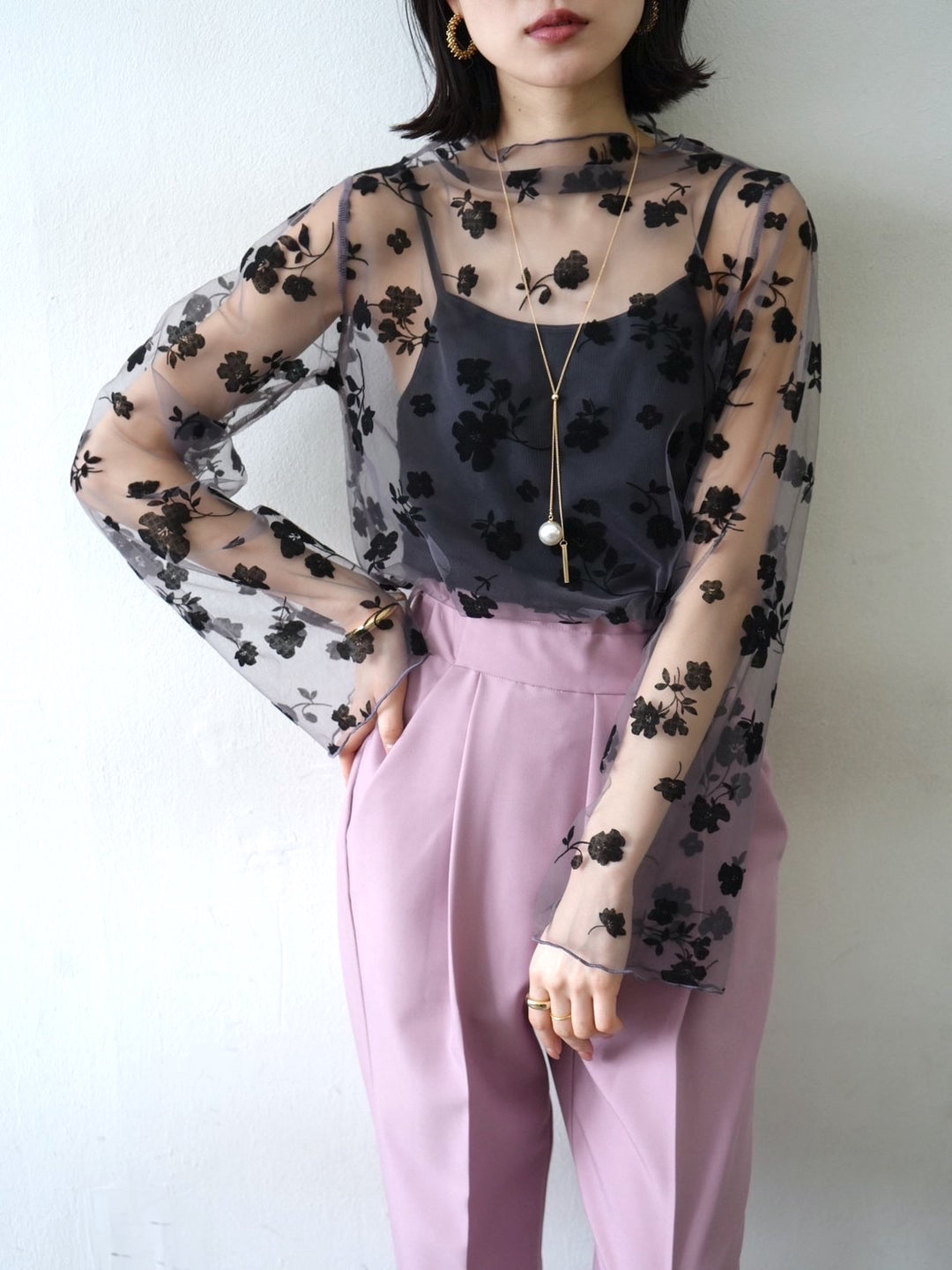 [Buy one, get one free!] Get two flower flocked sheer tops for ¥4,950!