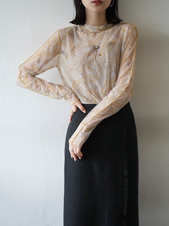 [SET] Nuanced pattern sheer mellow top + tweed fringe I-line skirt (2 sets)