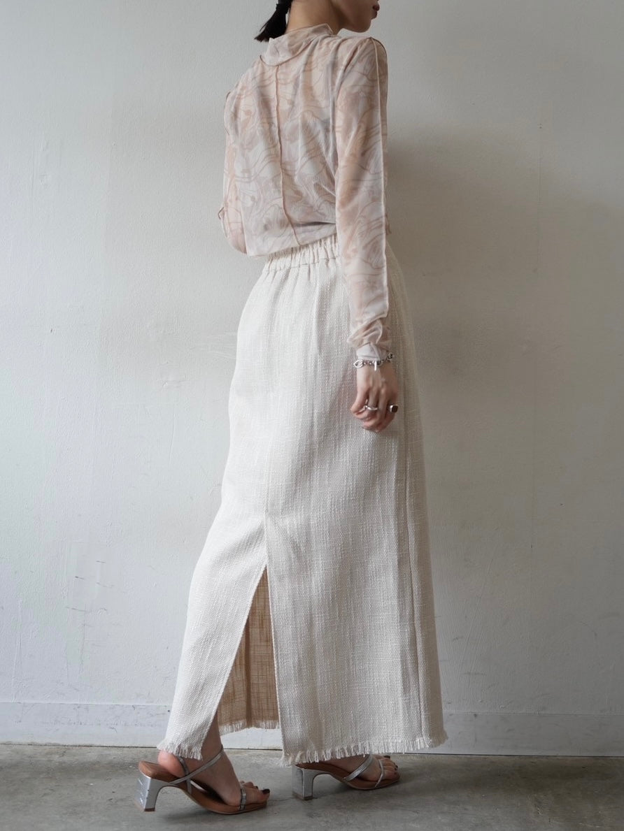 [SET] Nuanced pattern sheer mellow top + tweed fringe I-line skirt (2 sets)