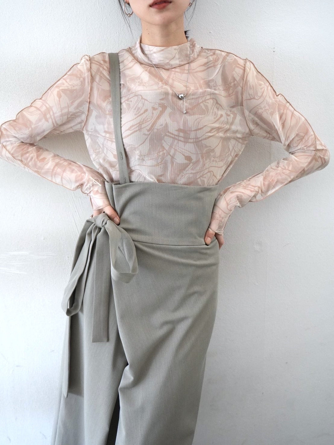[SET] Nuanced pattern sheer mellow top + wrap jacket skirt (2set)