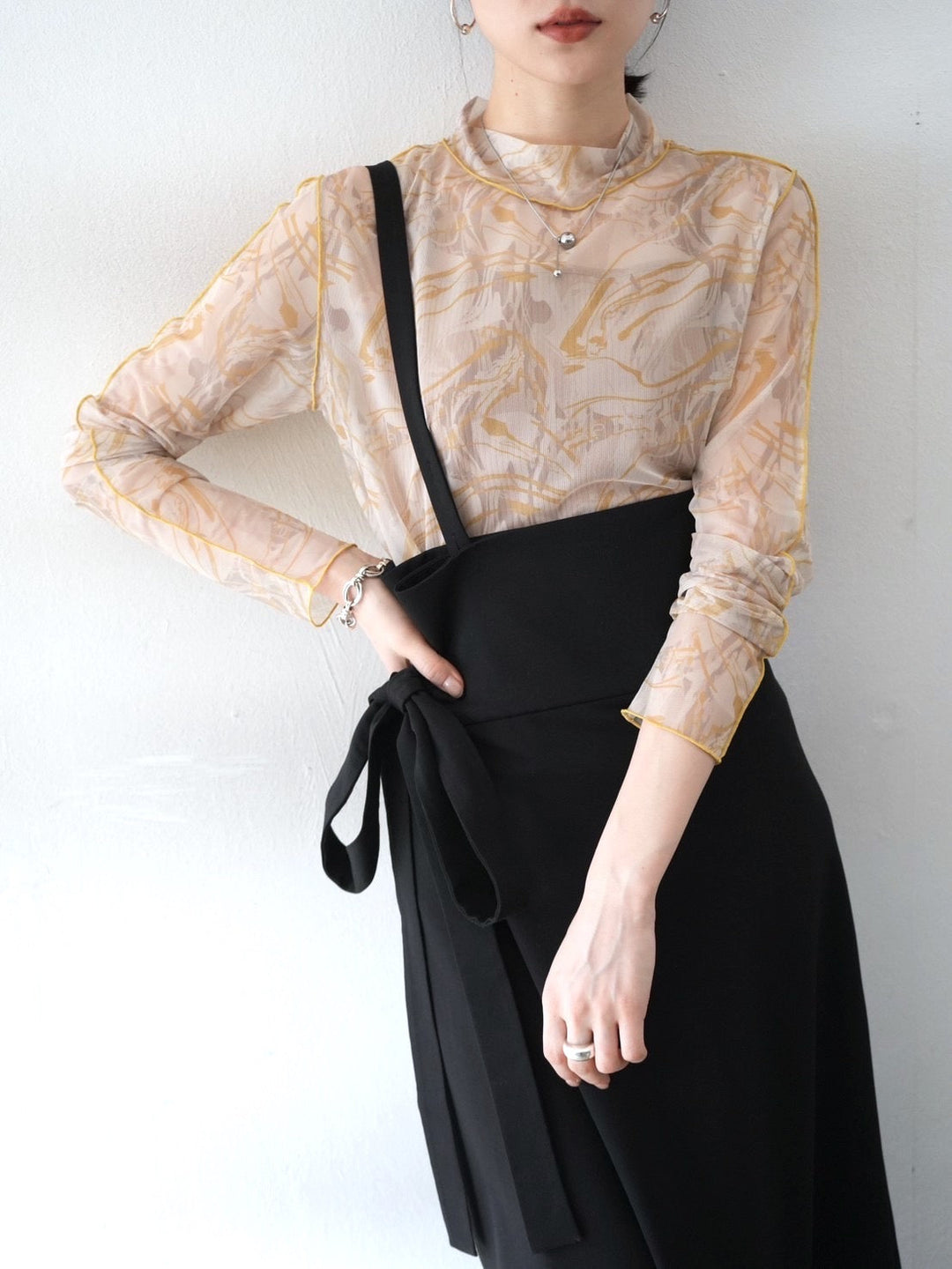 [SET] Nuanced pattern sheer mellow top + wrap jacket skirt (2set)