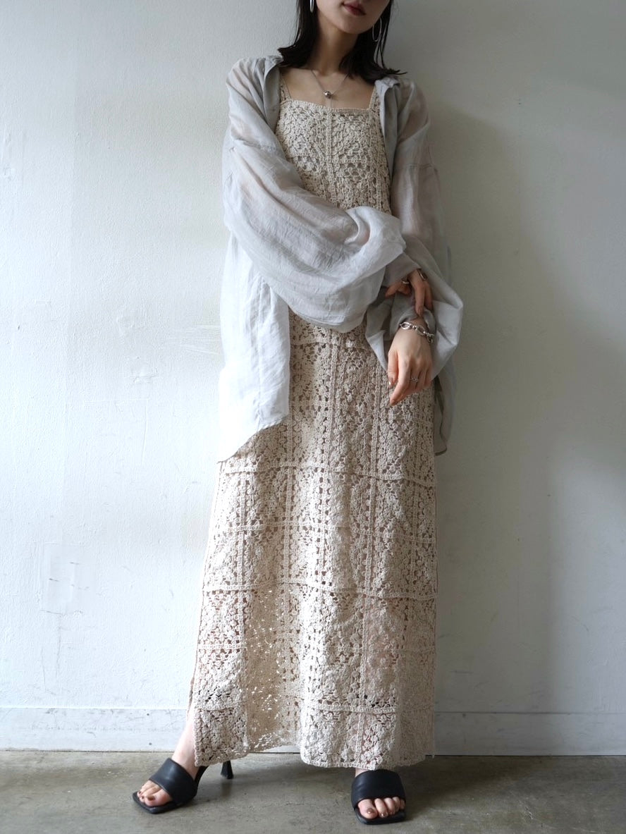 [SET] Crochet sleeveless dress + bustier sheer big shirt (2set)