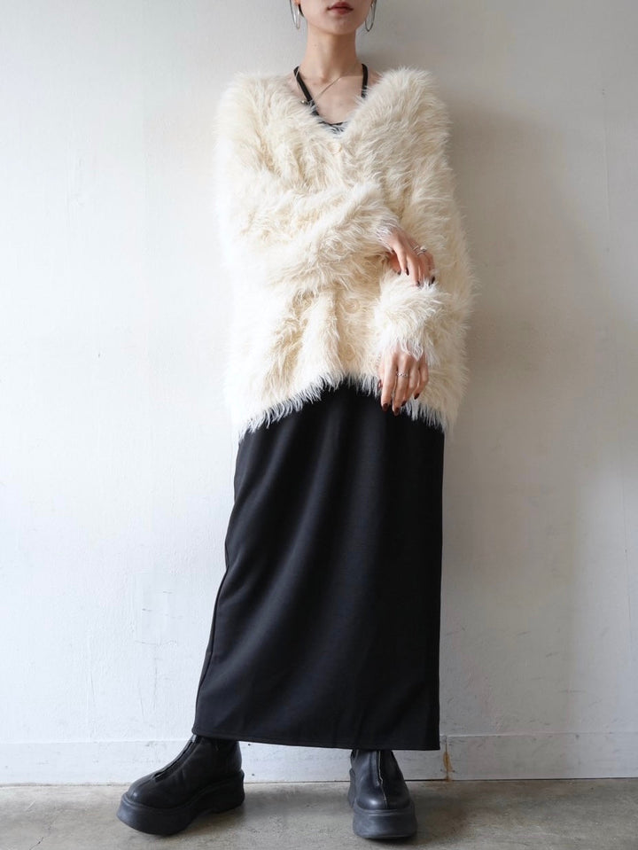 [SET] Design neck backless camisole dress + V-neck shaggy knit cardigan (2set)