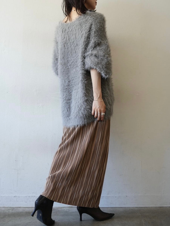 [SET] V-neck shaggy knit cardigan + multi-color I-line pleated skirt (2set)