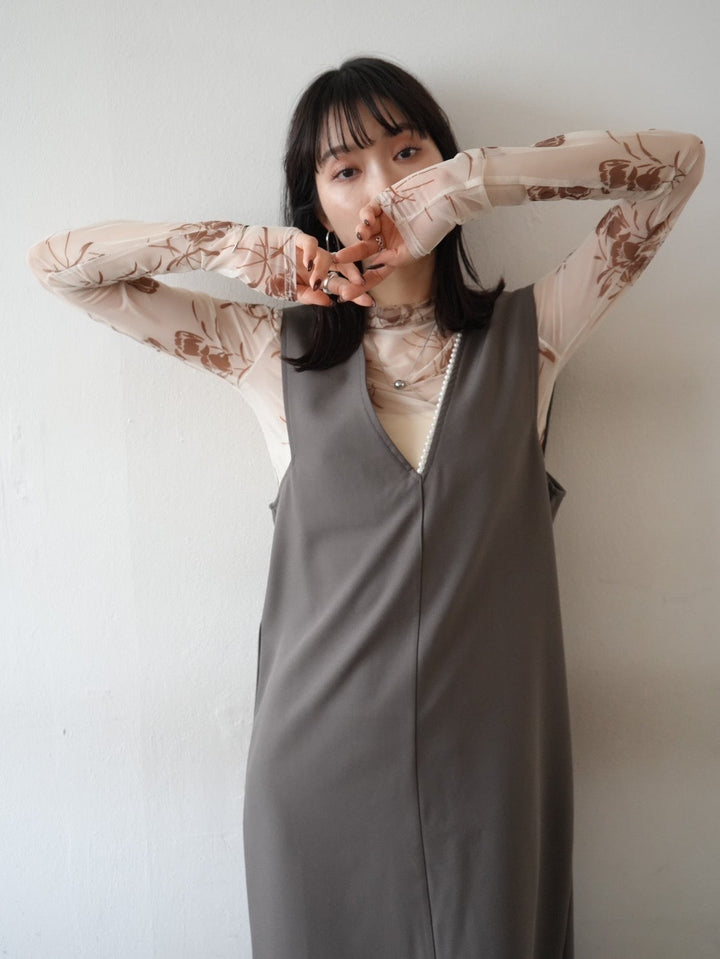 [SET] V-neck pearl dress + flower print bottle neck sheer top (2set)