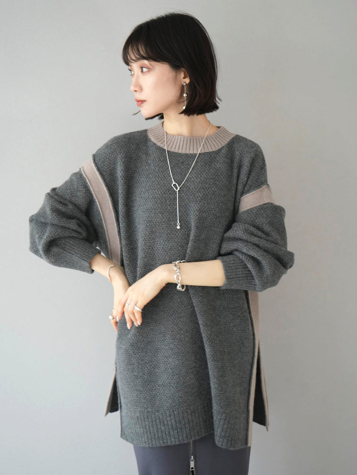 [SET] Side slit bicolor over knit + choice of necklace (2 sets)