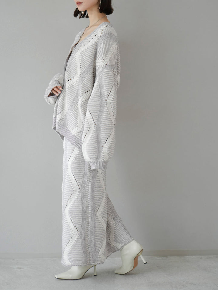 [套裝] 波浪設計莫爾針織開襟衫+波浪設計莫爾針織半身裙（2套）
