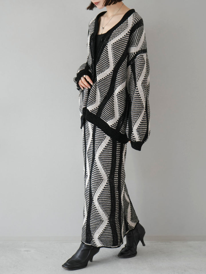 [套裝] 波浪設計莫爾針織開襟衫+波浪設計莫爾針織半身裙（2套）